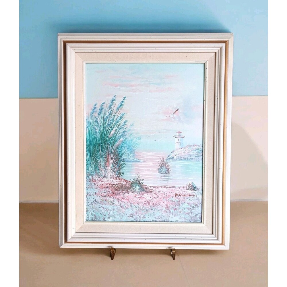 Signed K. Cummings Beach Lighthouse Ocean Scene Oil Painting On Canvas 17" x 21"